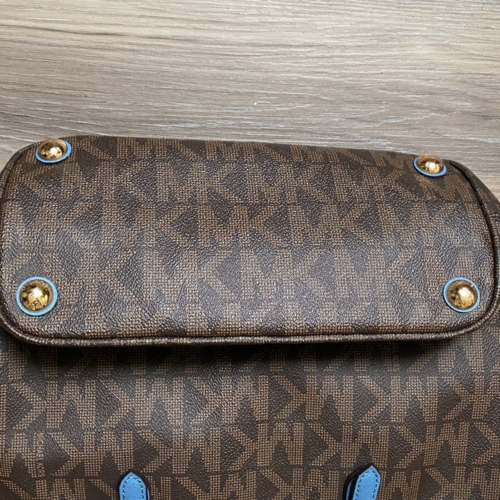 Michael Kors Brown Tote with Blue Trim and Gold Charm - Picture 5 of 8
